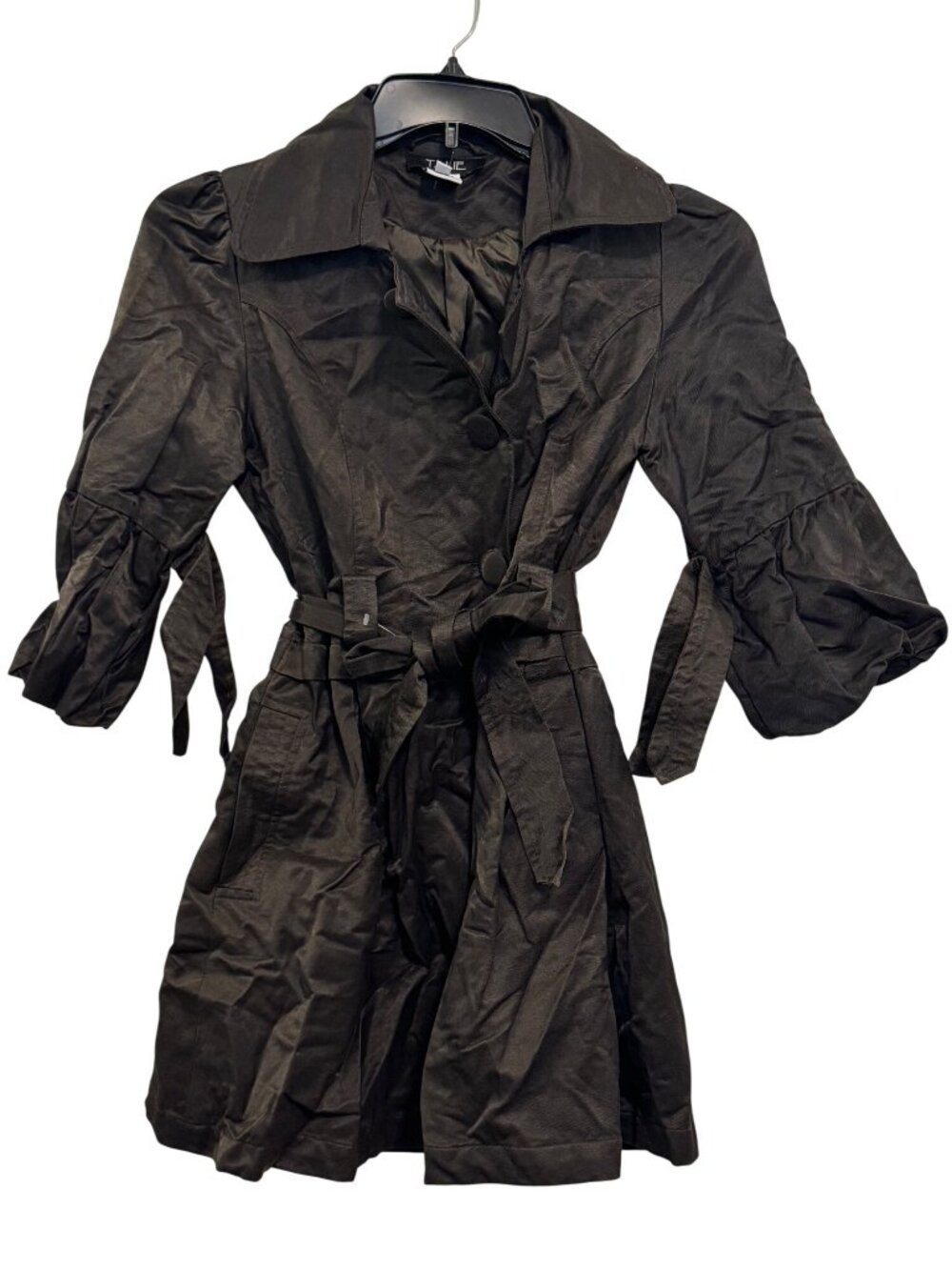 Talie Womens Black Belted Trench Coat With Puff Sleeves Smal